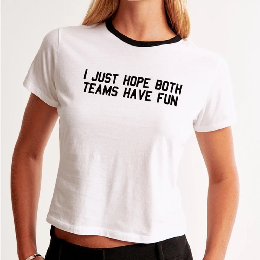 Abercrombie & Fitch White Tee with Black Trim and Black Slogan